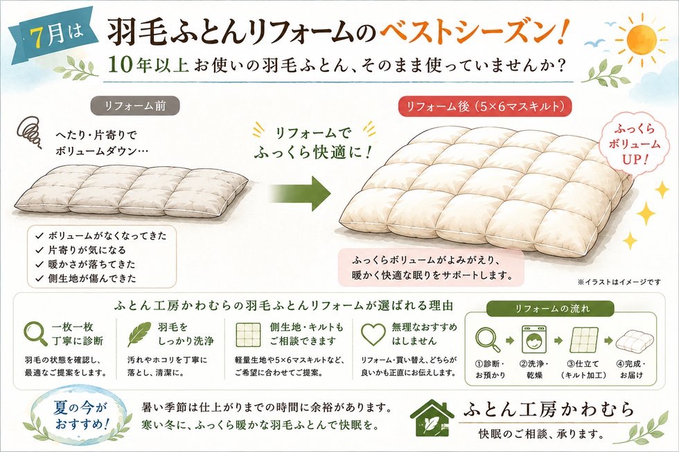 夏こそ羽毛ふとんリフォーム！冬に慌てないためのベストシーズンです